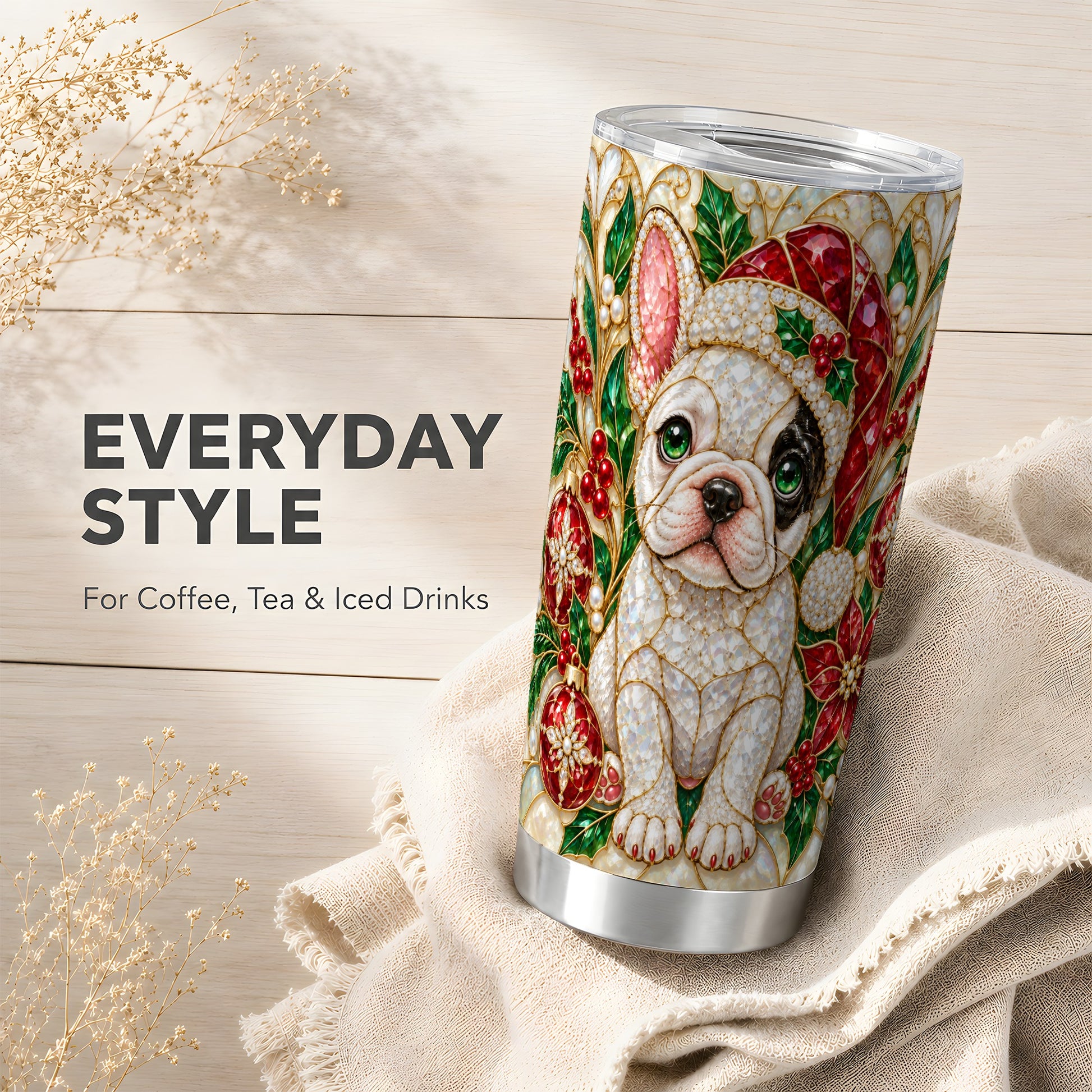 #pl[20oz|Steel] Frenchie Christmas Tumbler 20oz, Dog Tumbler, Stainless Steel Travel Cup
