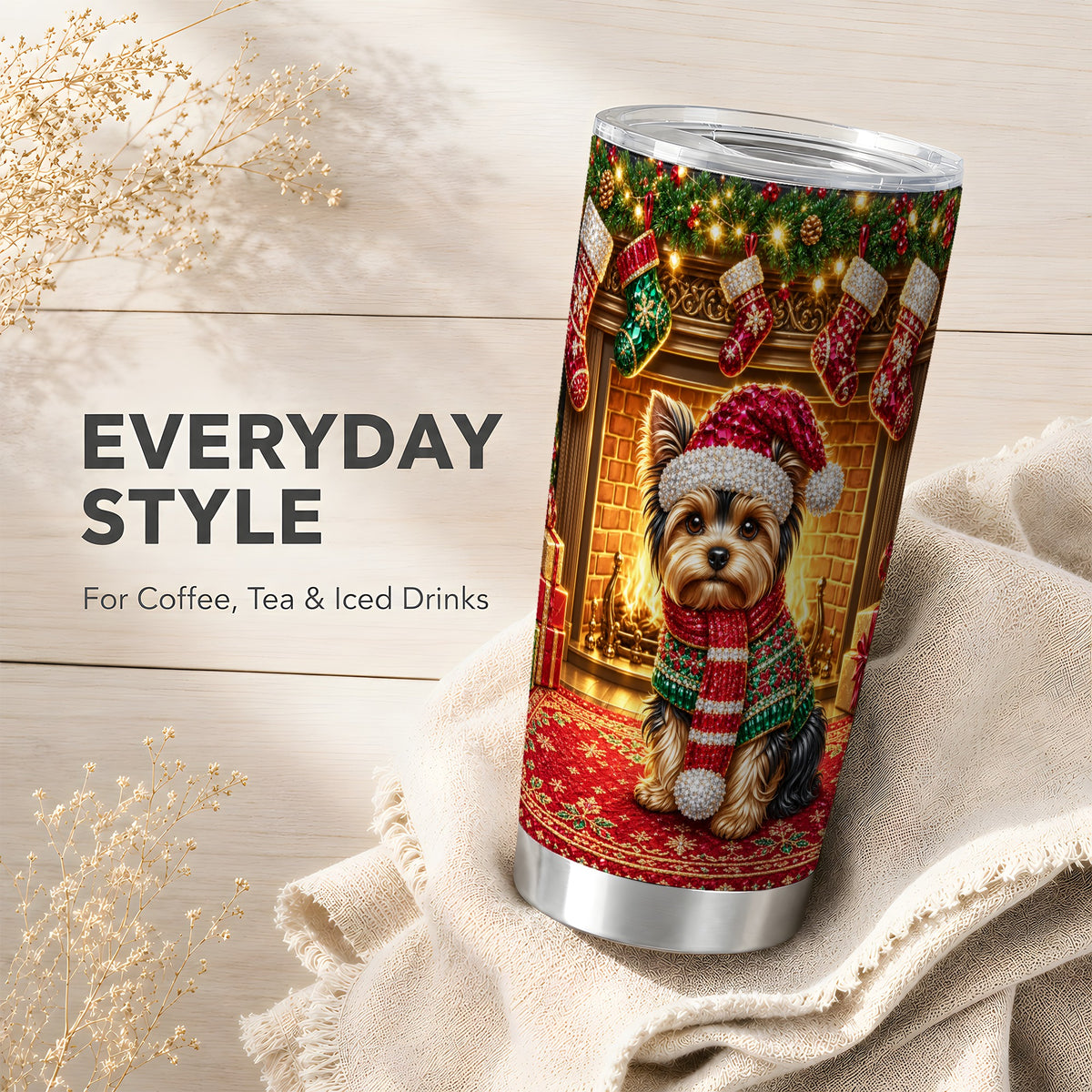 #pl[20oz|Steel] Yorkie Fireplace Tumbler 20oz, Dog Tumbler, Stainless Steel Travel Cup