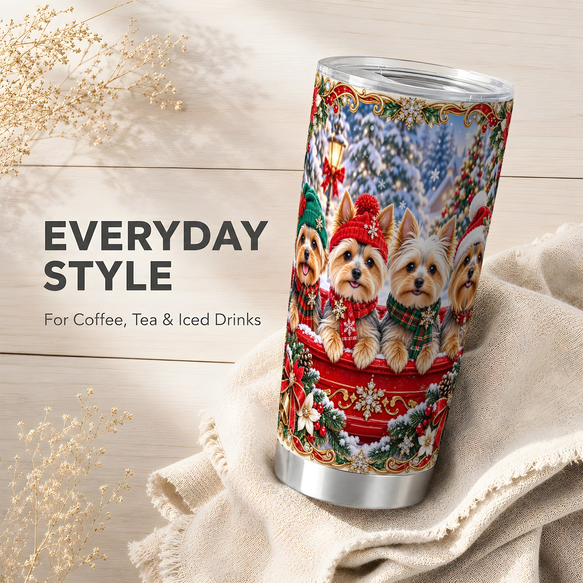 #pl[20oz|Steel] Yorkie Snow Tumbler 20oz, Dog Tumbler, Stainless Steel Travel Cup