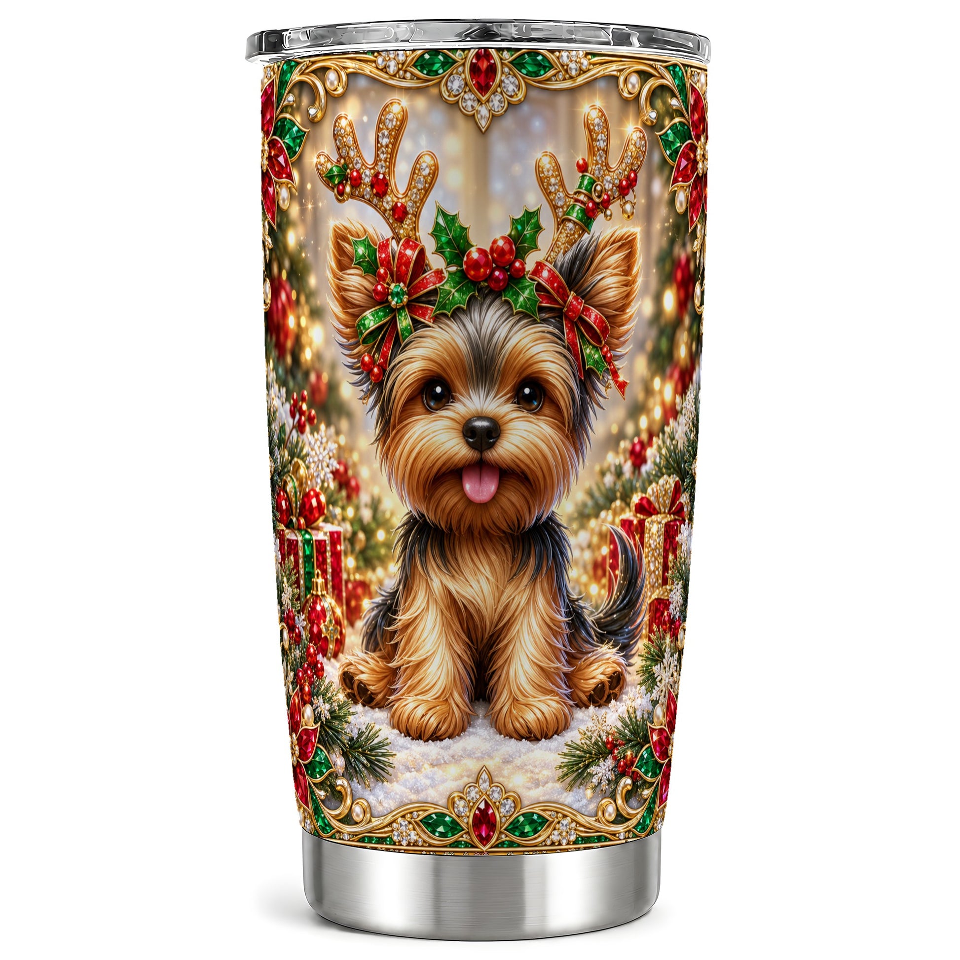 Christmas Yorkie Tumbler 20oz, Dog Tumbler, Stainless Steel Travel Cup