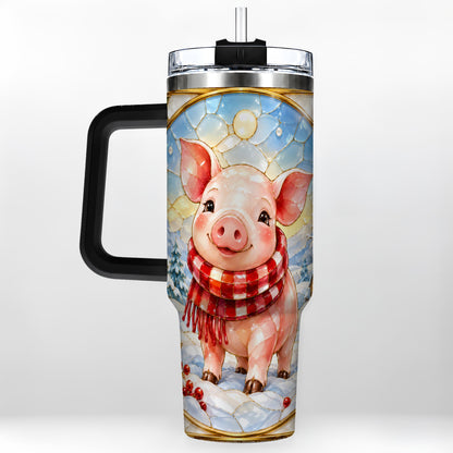 #pl[40oz|Black] Winter Pig 40oz Tumbler with Handle, Stained Glass Style Travel Cup