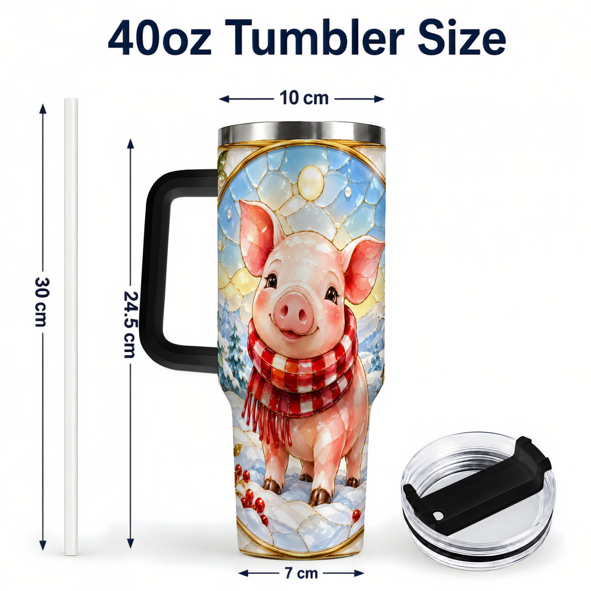 #pl[40oz|Black] Winter Pig 40oz Tumbler with Handle, Stained Glass Style Travel Cup