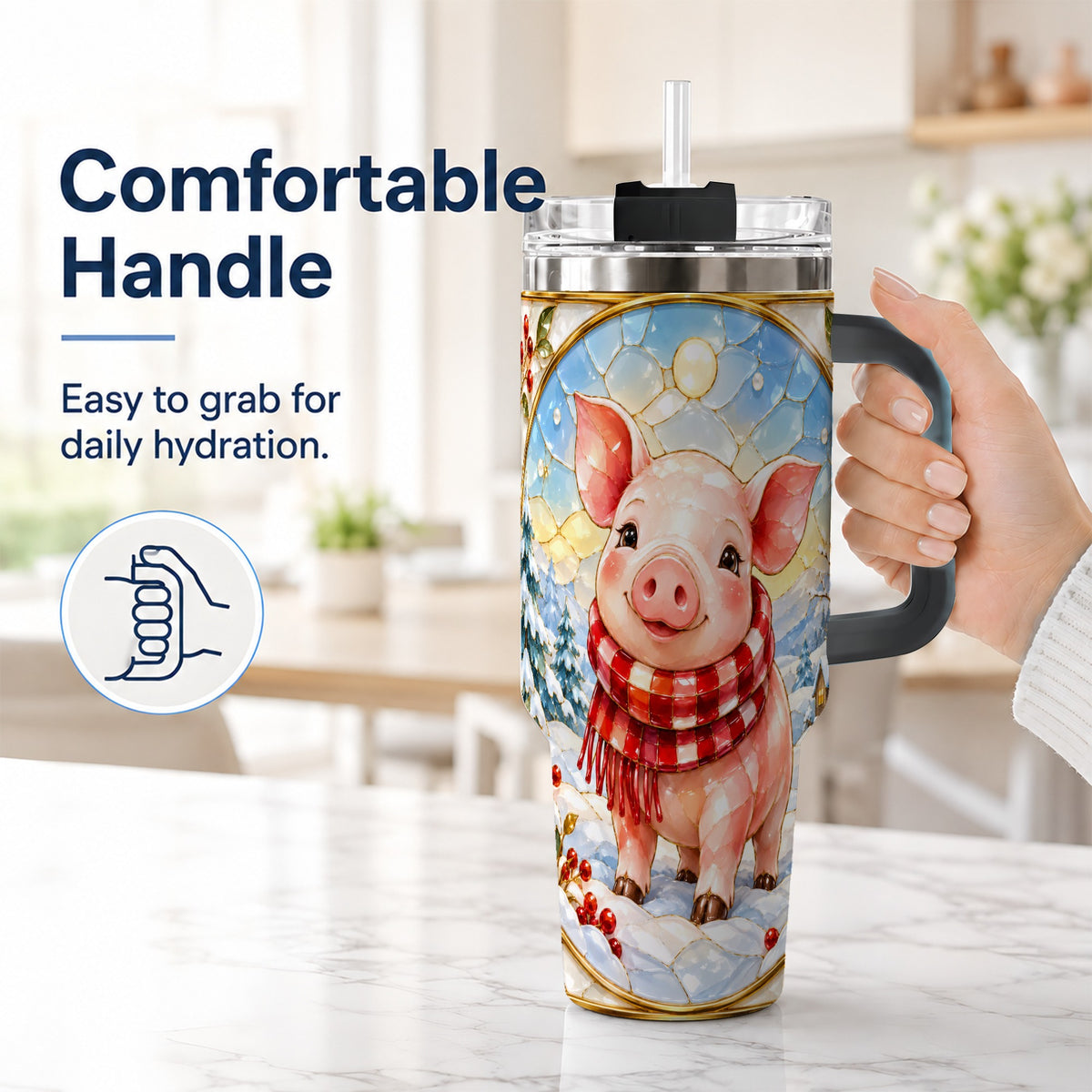 #pl[40oz|Black] Winter Pig 40oz Tumbler with Handle, Stained Glass Style Travel Cup