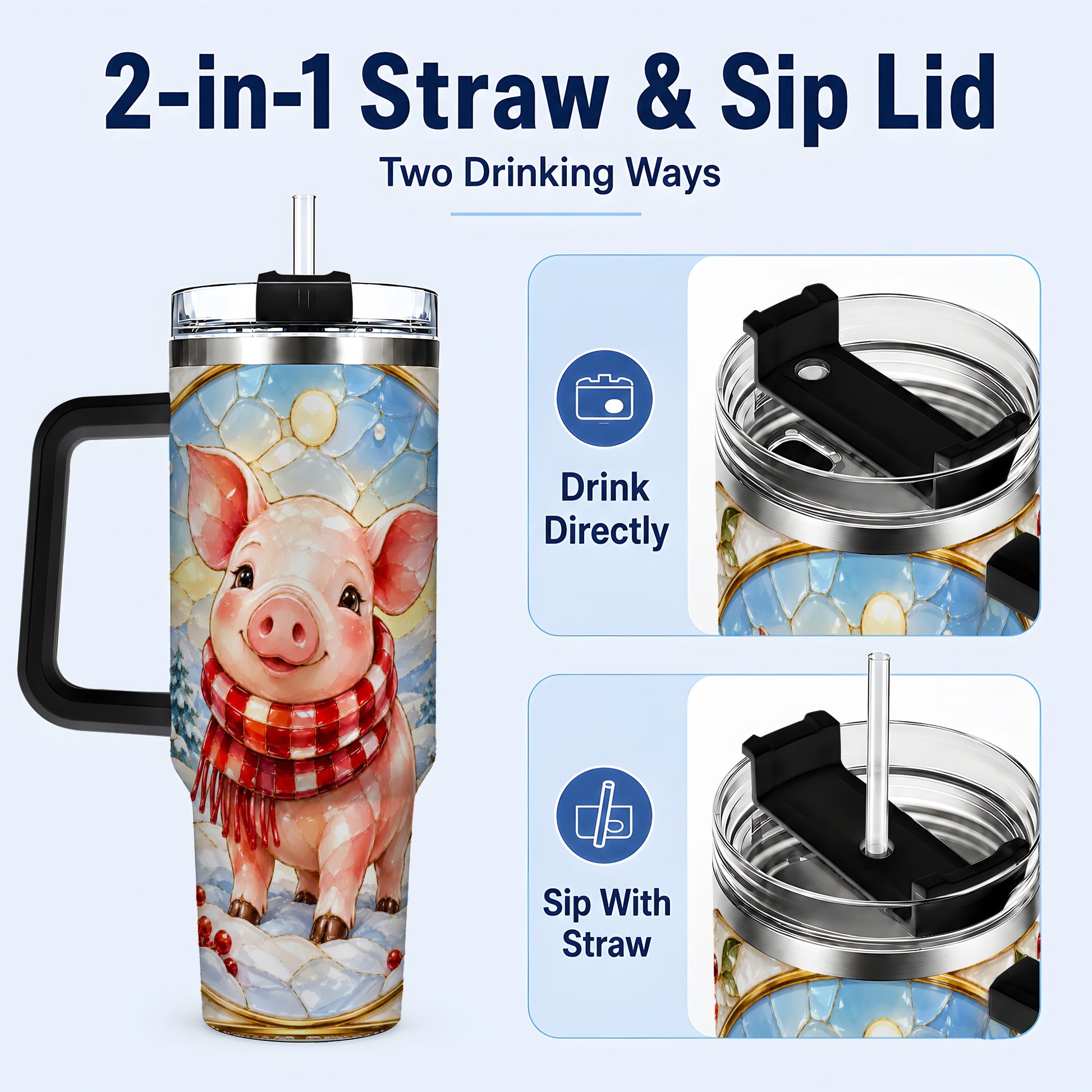 #pl[40oz|Black] Winter Pig 40oz Tumbler with Handle, Stained Glass Style Travel Cup