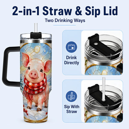 #pl[40oz|Black] Winter Pig 40oz Tumbler with Handle, Stained Glass Style Travel Cup
