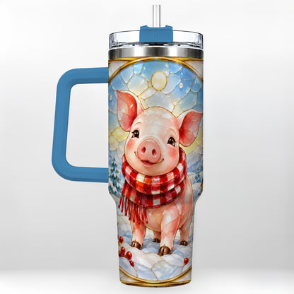 #pl[40oz|Blue] Winter Pig 40oz Tumbler with Handle, Stained Glass Style Travel Cup
