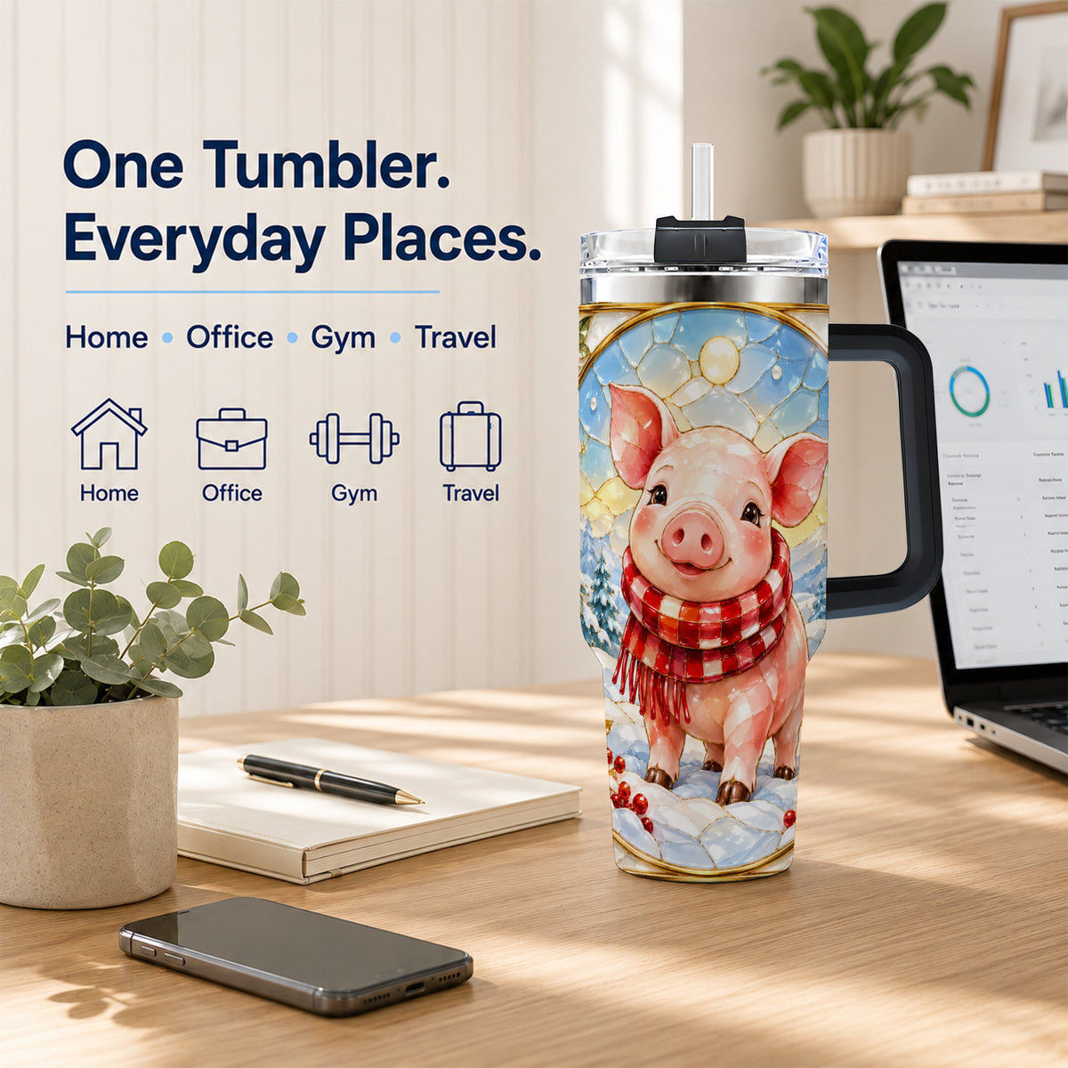 #pl[40oz|Black] Winter Pig 40oz Tumbler with Handle, Stained Glass Style Travel Cup