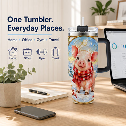 #pl[40oz|Black] Winter Pig 40oz Tumbler with Handle, Stained Glass Style Travel Cup