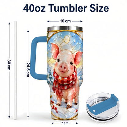 #pl[40oz|Blue] Winter Pig 40oz Tumbler with Handle, Stained Glass Style Travel Cup