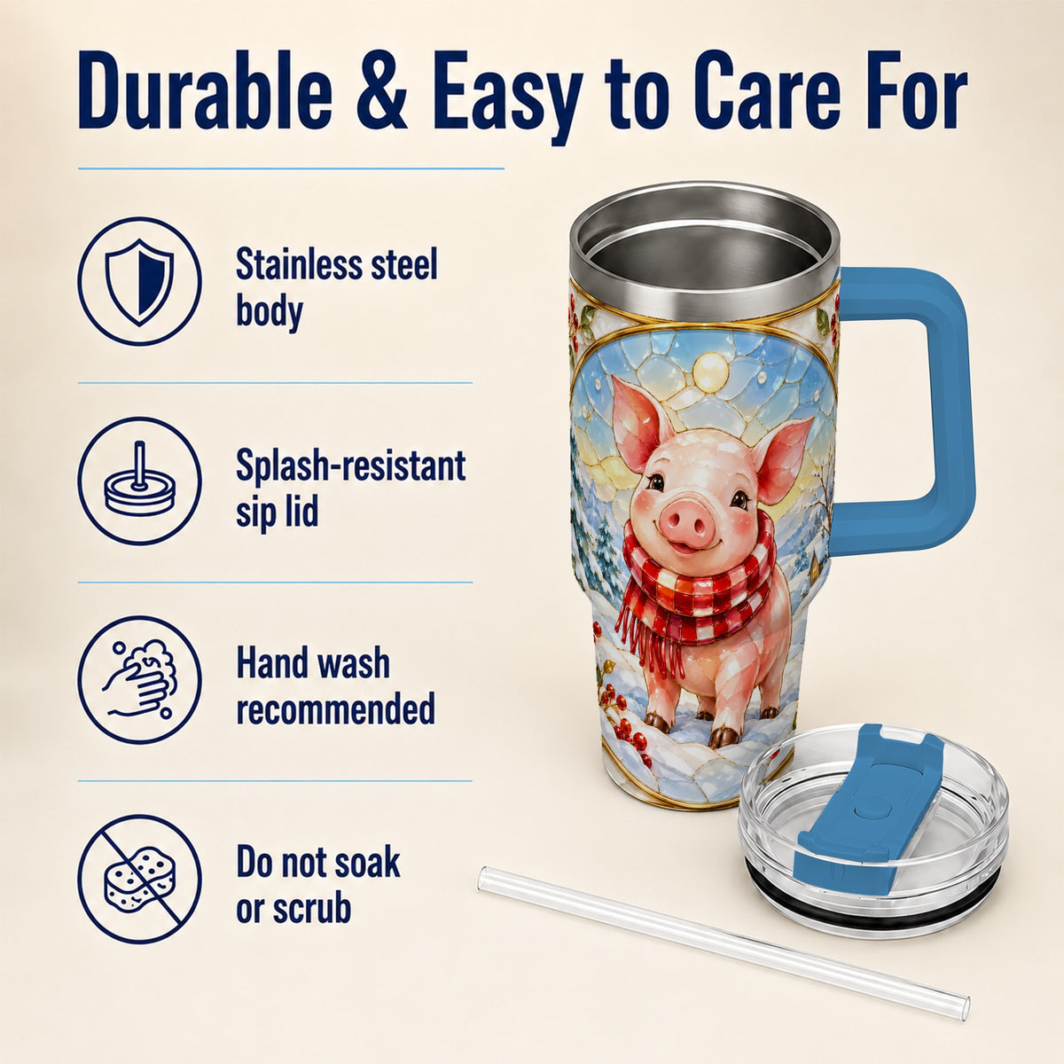 #pl[40oz|Blue] Winter Pig 40oz Tumbler with Handle, Stained Glass Style Travel Cup