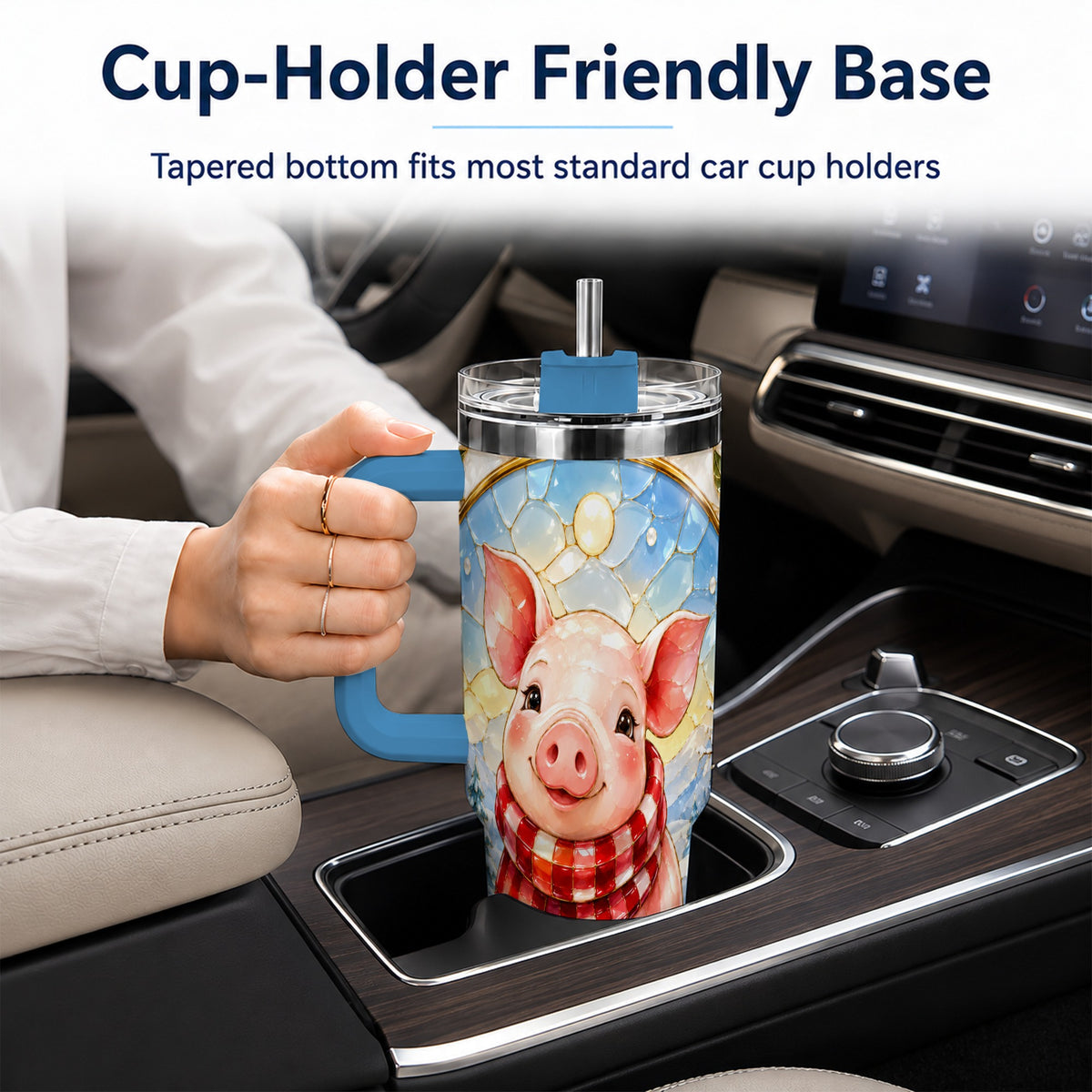 #pl[40oz|Blue] Winter Pig 40oz Tumbler with Handle, Stained Glass Style Travel Cup