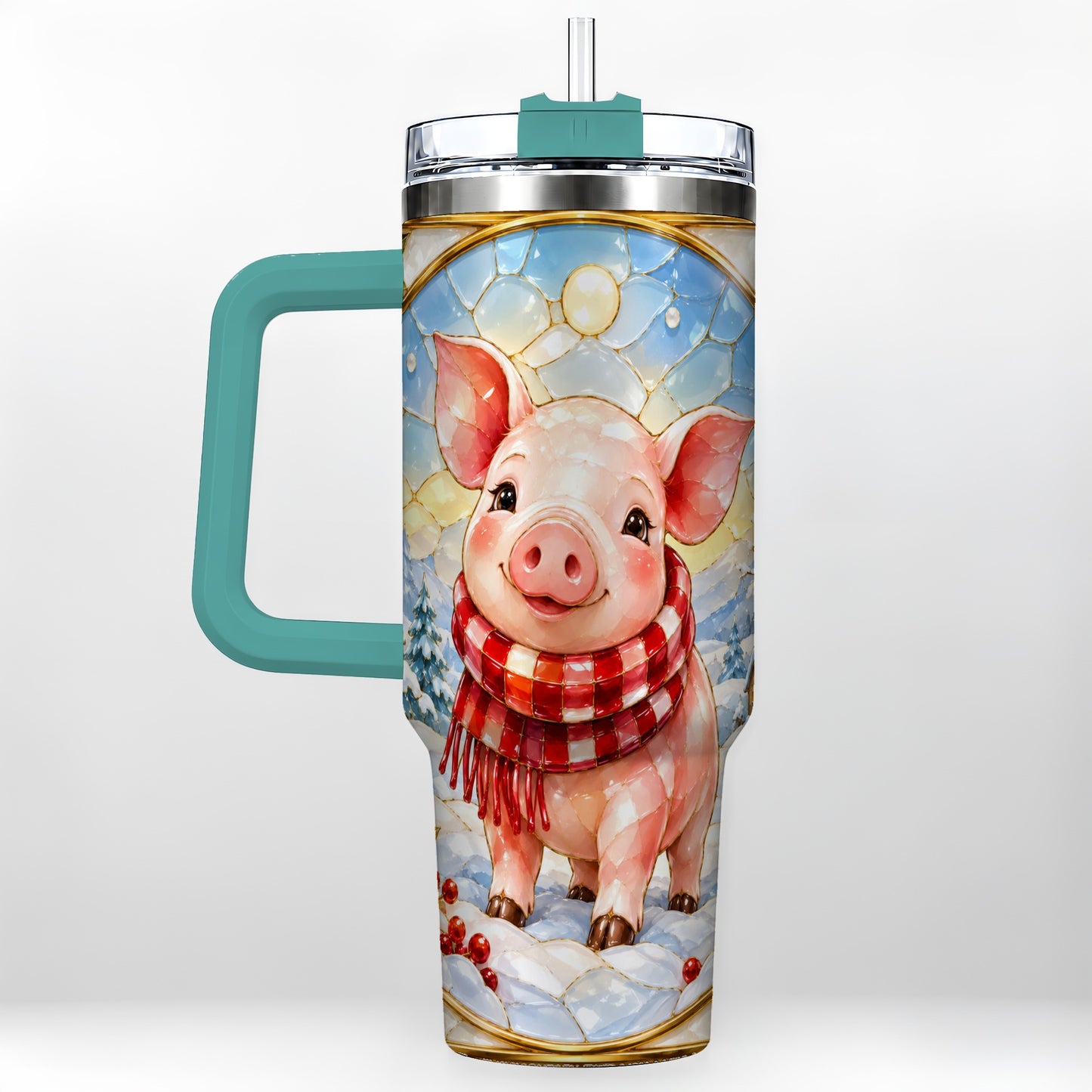 #pl[40oz|Green] Winter Pig 40oz Tumbler with Handle, Stained Glass Style Travel Cup