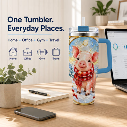 #pl[40oz|Blue] Winter Pig 40oz Tumbler with Handle, Stained Glass Style Travel Cup