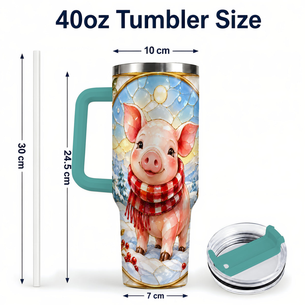 #pl[40oz|Green] Winter Pig 40oz Tumbler with Handle, Stained Glass Style Travel Cup