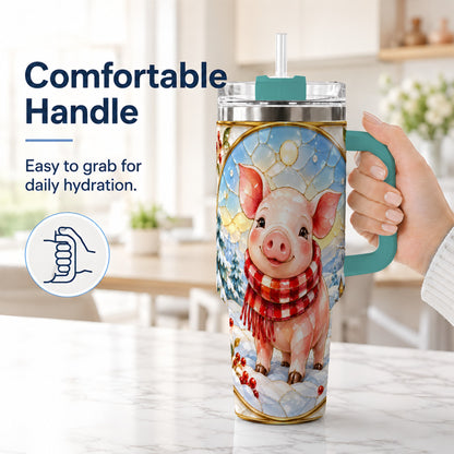 #pl[40oz|Green] Winter Pig 40oz Tumbler with Handle, Stained Glass Style Travel Cup