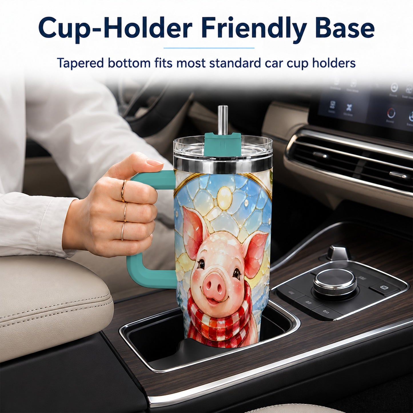 #pl[40oz|Green] Winter Pig 40oz Tumbler with Handle, Stained Glass Style Travel Cup