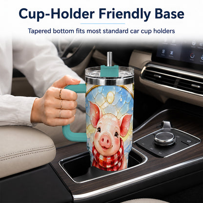 #pl[40oz|Green] Winter Pig 40oz Tumbler with Handle, Stained Glass Style Travel Cup