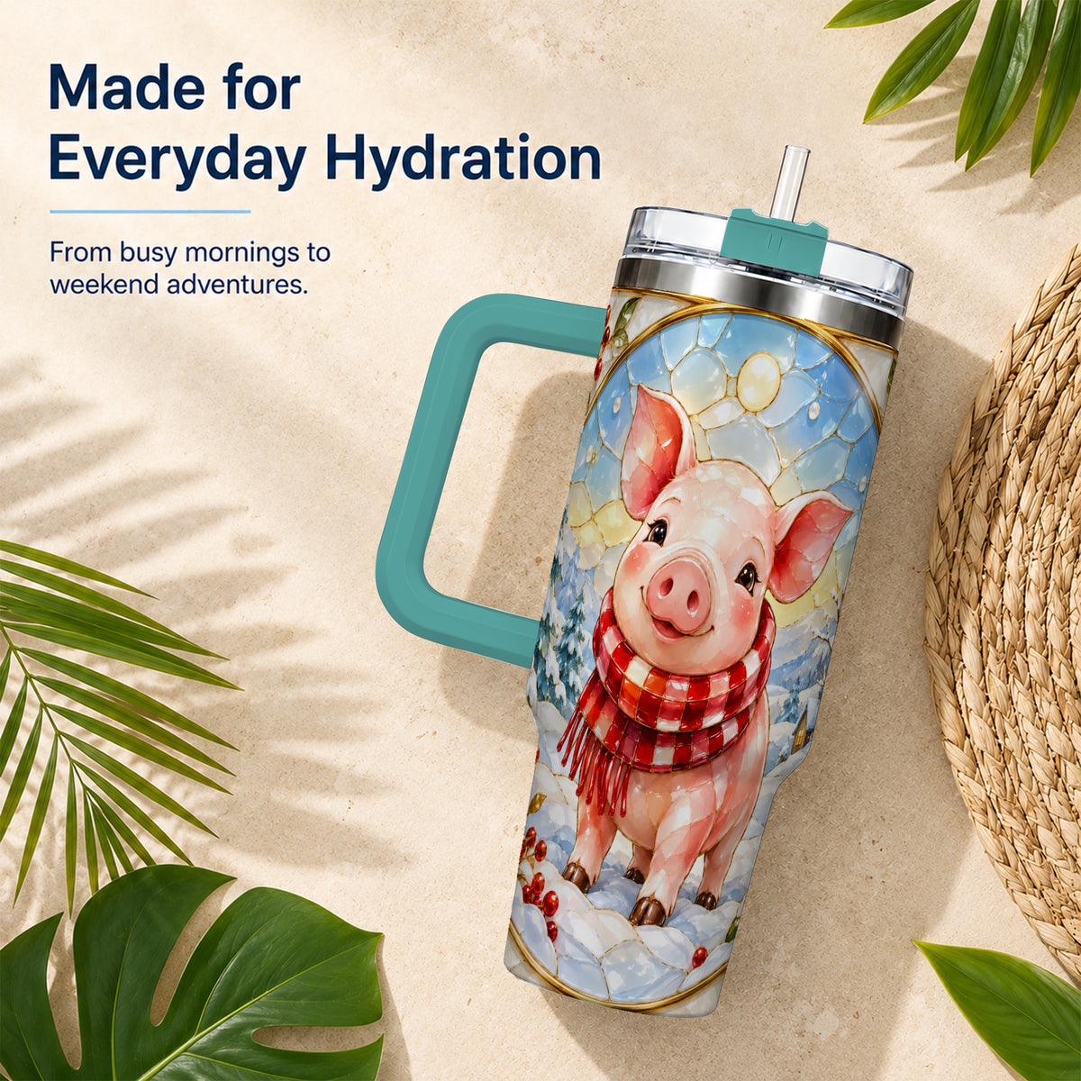 #pl[40oz|Green] Winter Pig 40oz Tumbler with Handle, Stained Glass Style Travel Cup
