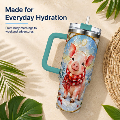 #pl[40oz|Green] Winter Pig 40oz Tumbler with Handle, Stained Glass Style Travel Cup