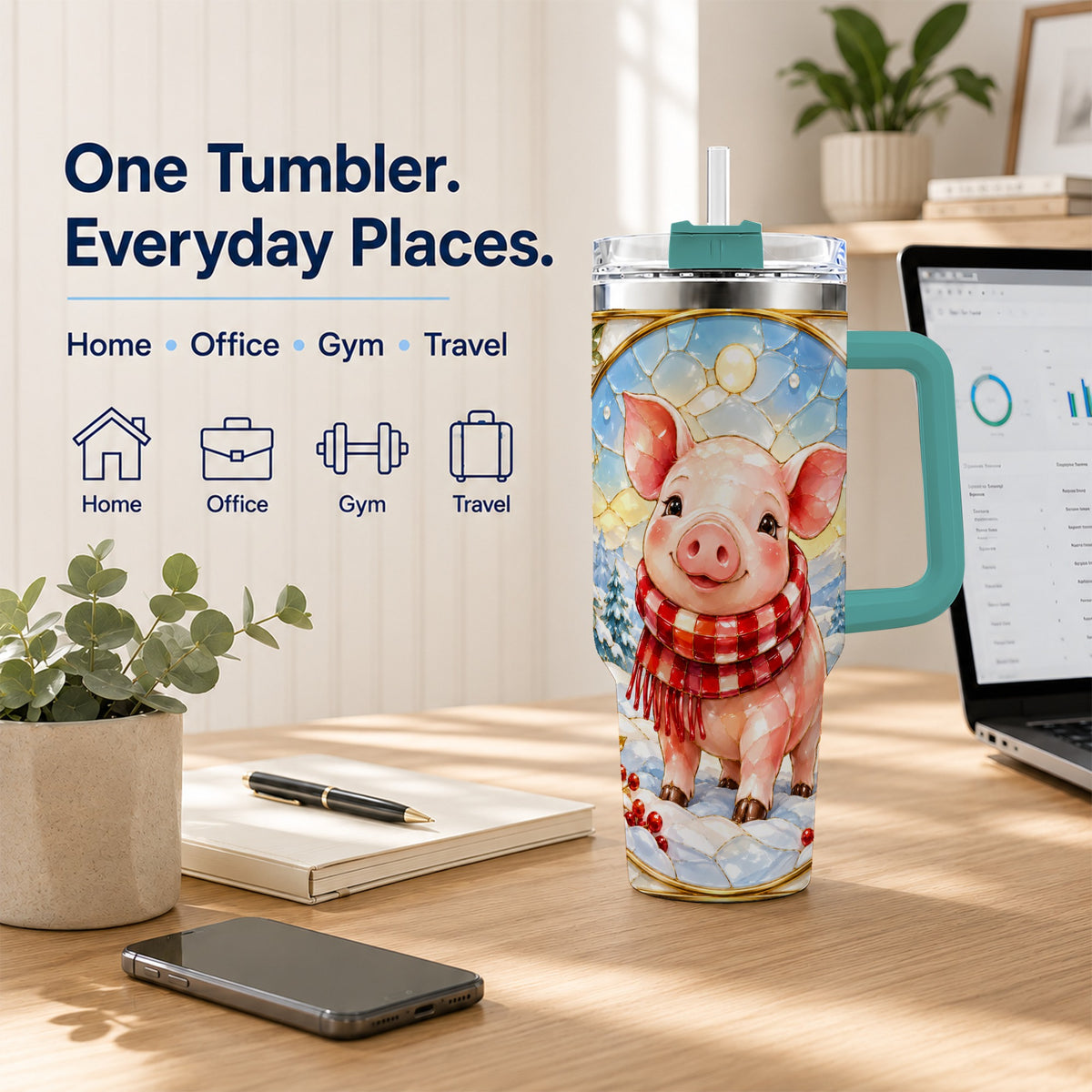 #pl[40oz|Green] Winter Pig 40oz Tumbler with Handle, Stained Glass Style Travel Cup