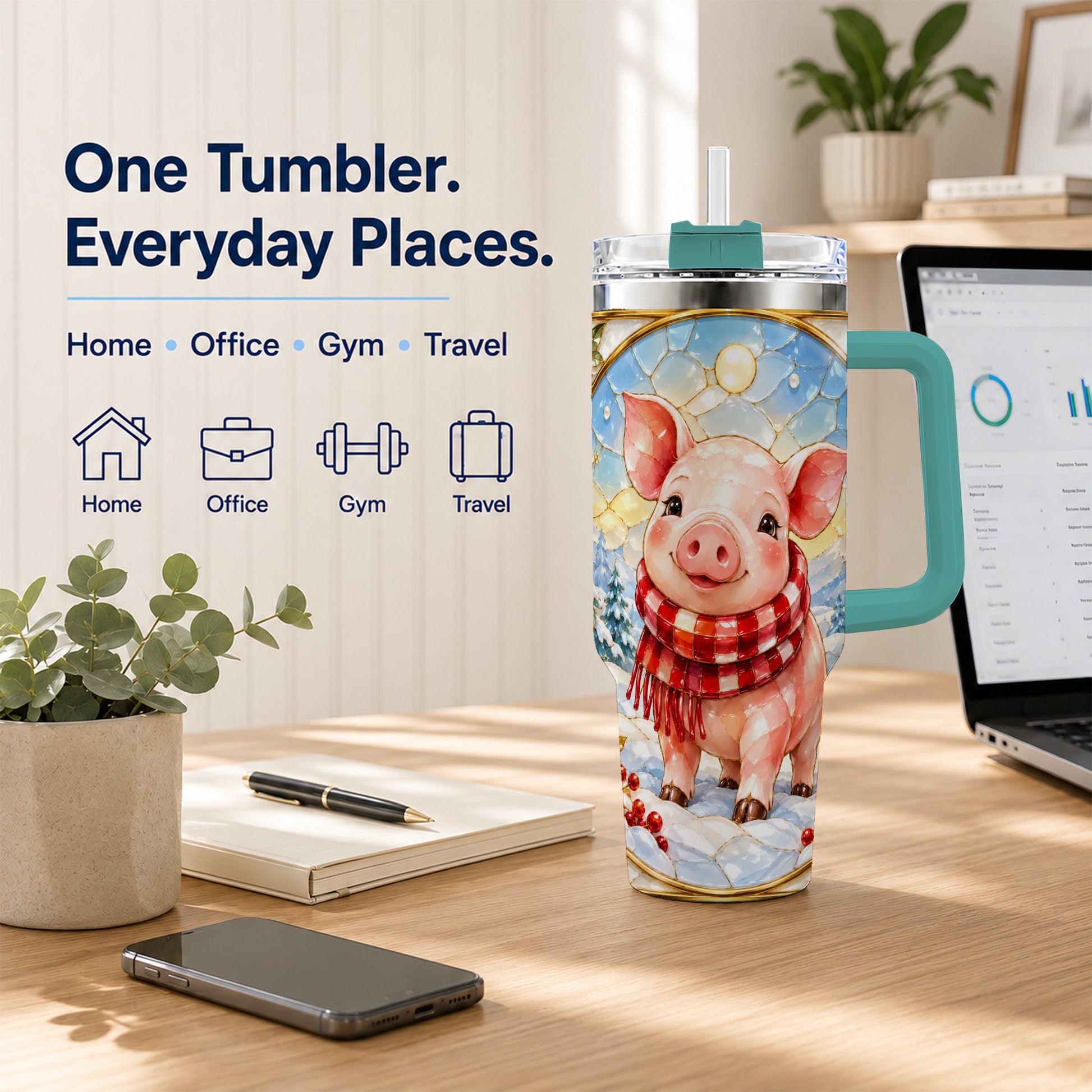 #pl[40oz|Green] Winter Pig 40oz Tumbler with Handle, Stained Glass Style Travel Cup