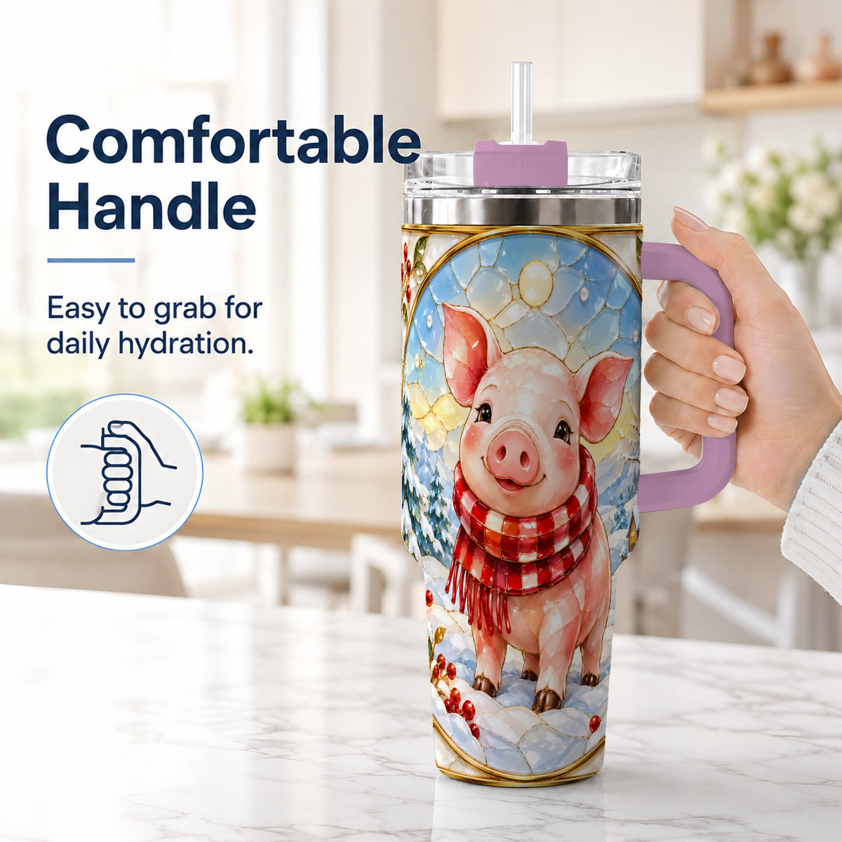 #pl[40oz|Pink] Winter Pig 40oz Tumbler with Handle, Stained Glass Style Travel Cup