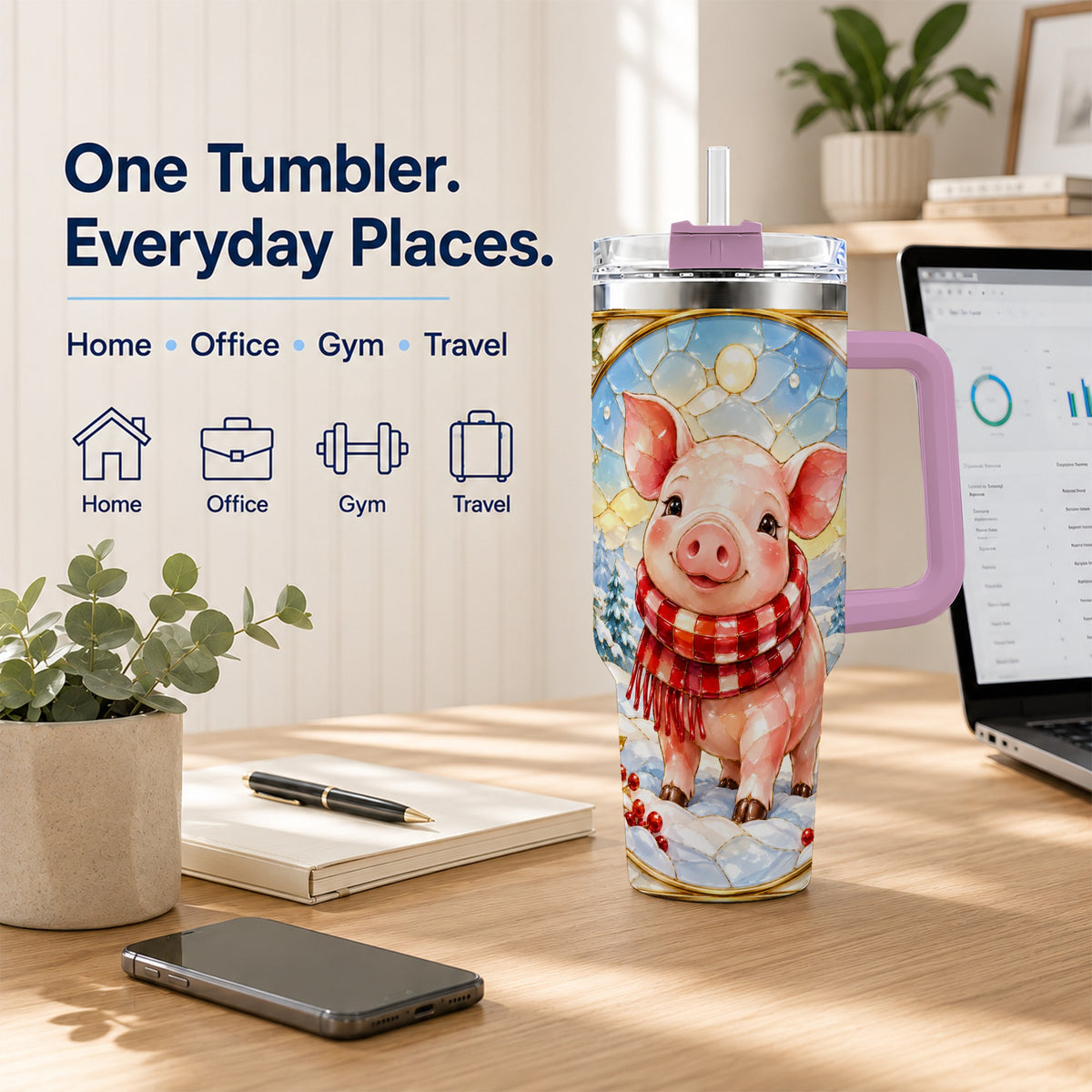 #pl[40oz|Pink] Winter Pig 40oz Tumbler with Handle, Stained Glass Style Travel Cup