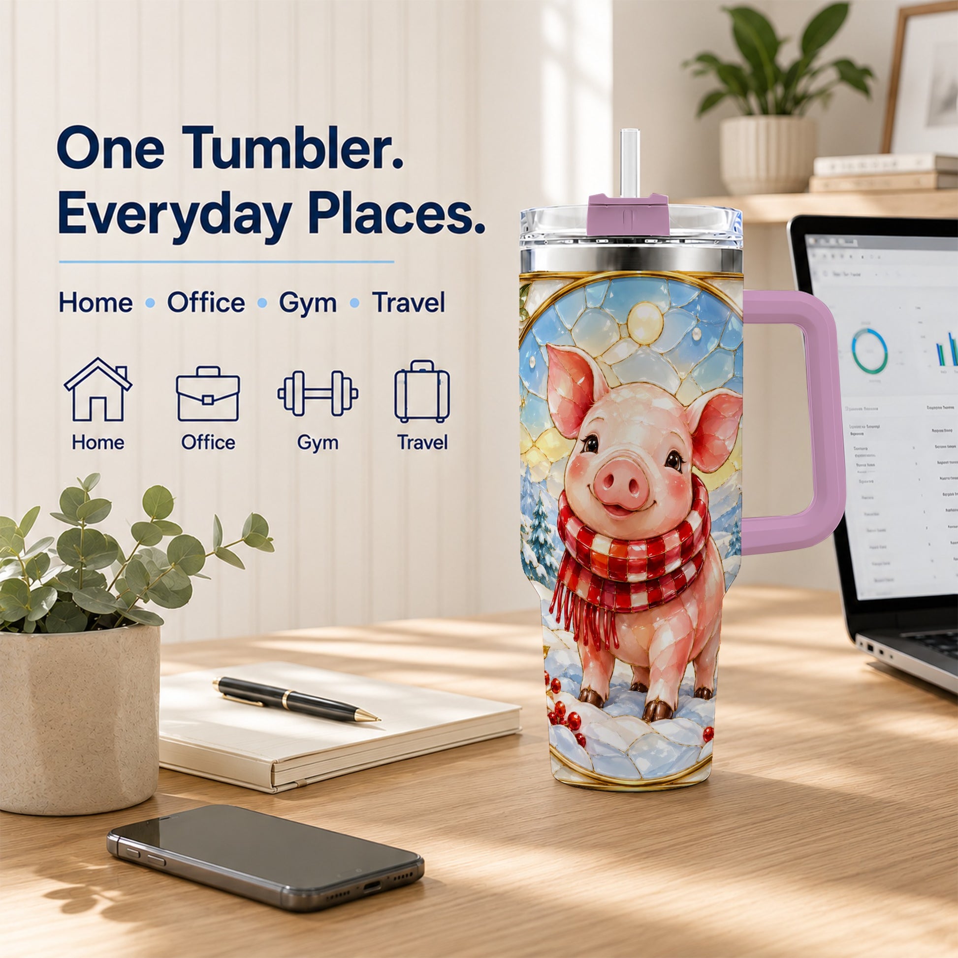 #pl[40oz|Pink] Winter Pig 40oz Tumbler with Handle, Stained Glass Style Travel Cup