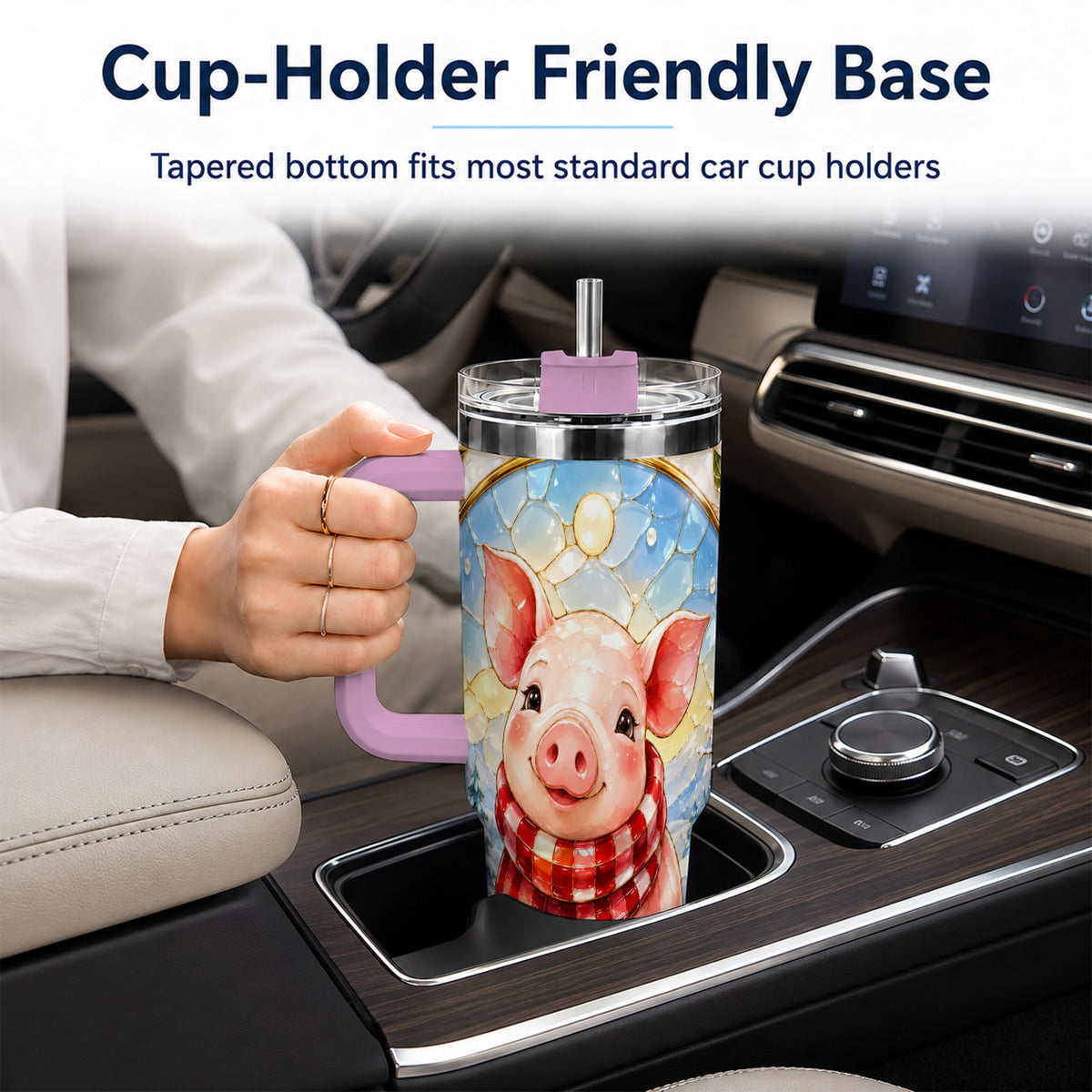 #pl[40oz|Pink] Winter Pig 40oz Tumbler with Handle, Stained Glass Style Travel Cup