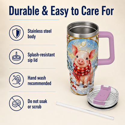 #pl[40oz|Pink] Winter Pig 40oz Tumbler with Handle, Stained Glass Style Travel Cup