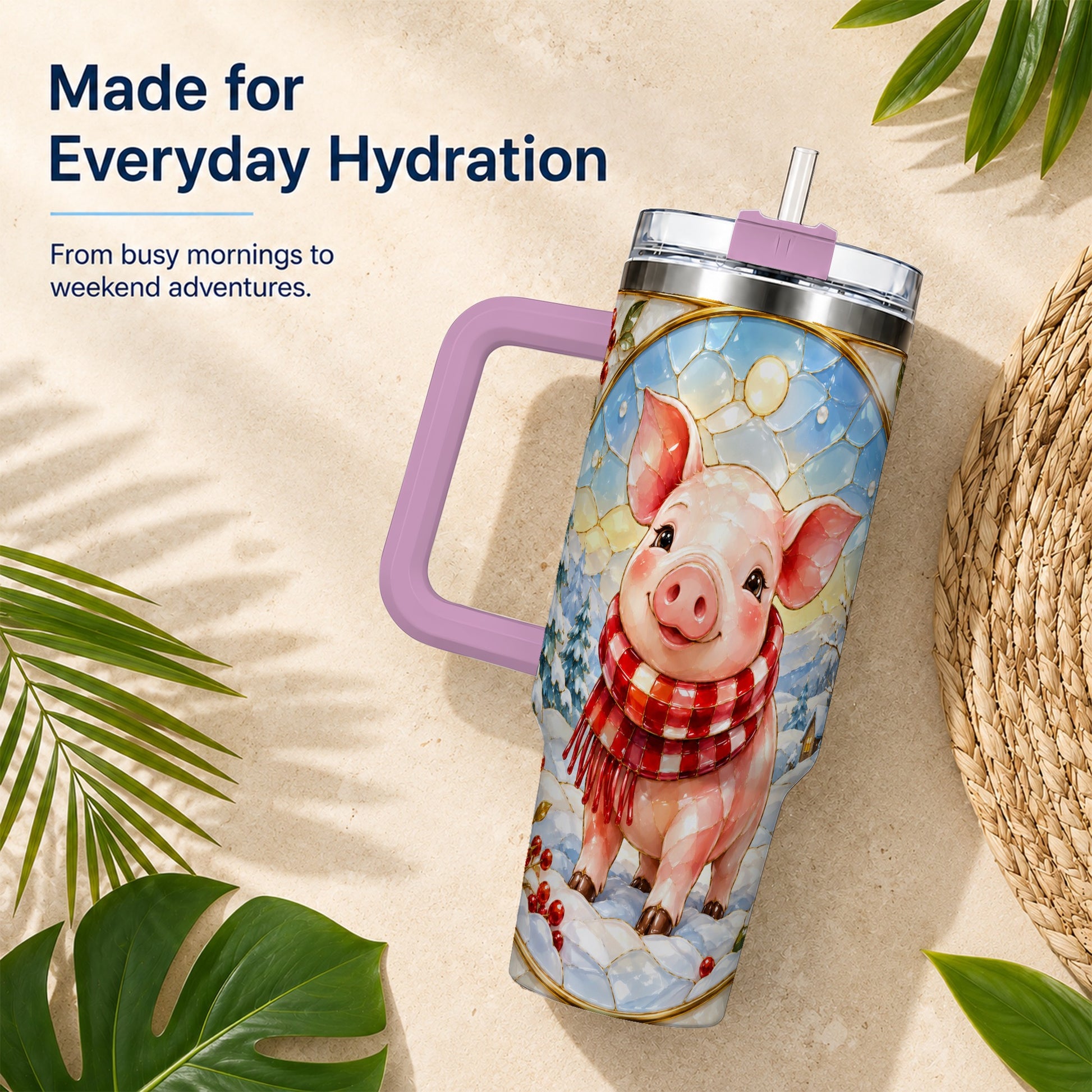 #pl[40oz|Pink] Winter Pig 40oz Tumbler with Handle, Stained Glass Style Travel Cup