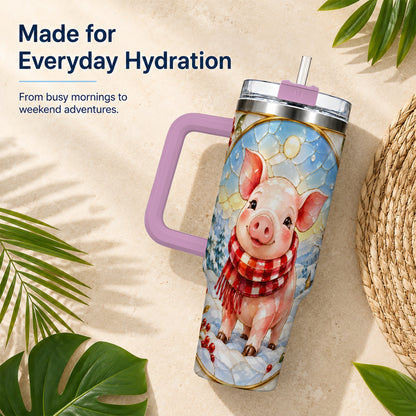 #pl[40oz|Pink] Winter Pig 40oz Tumbler with Handle, Stained Glass Style Travel Cup