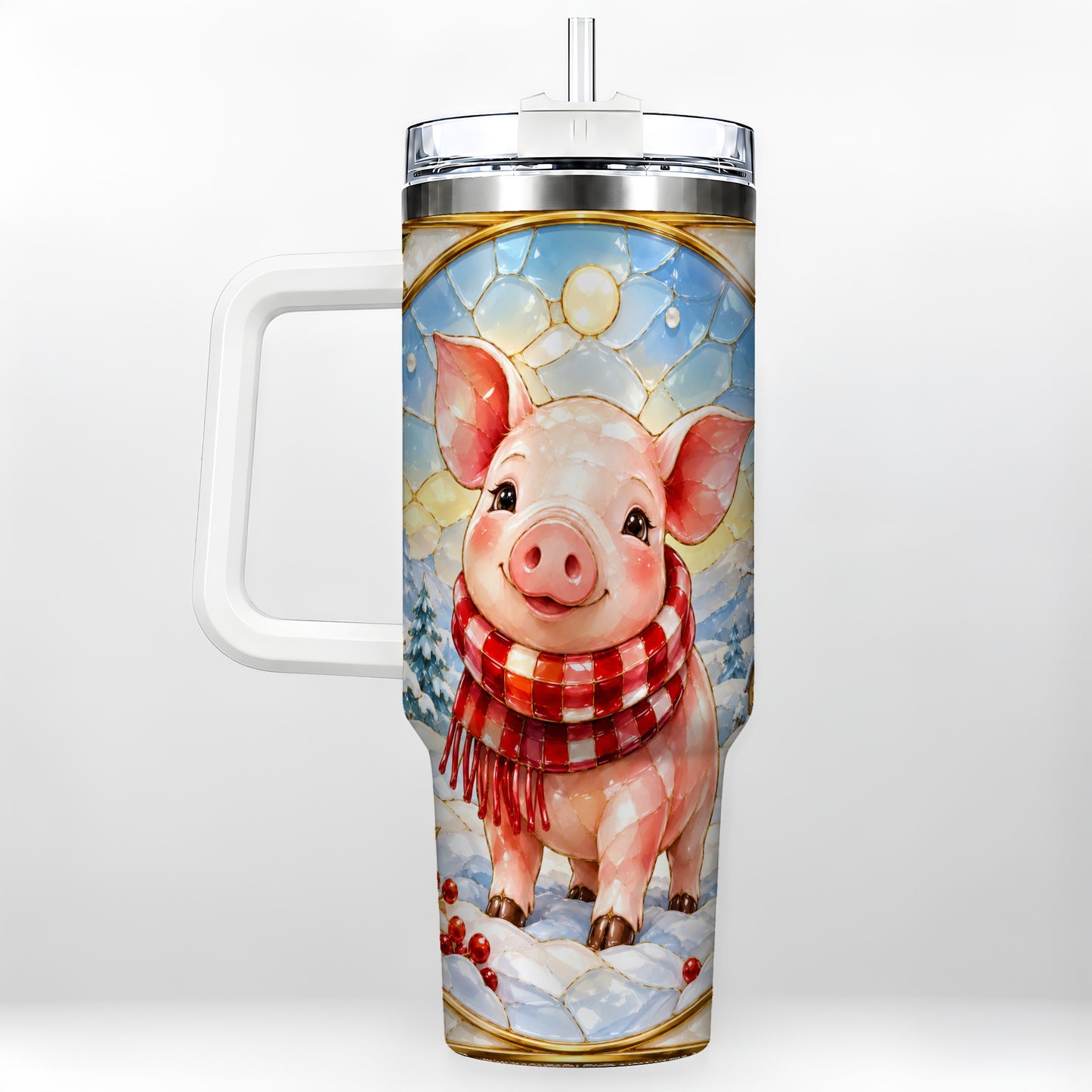 Winter Pig 40oz Tumbler with Handle, Stained Glass Style Travel Cup