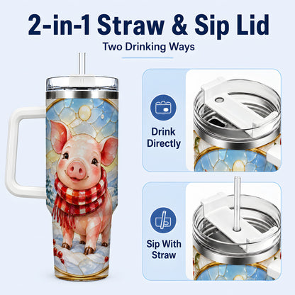 #pl[40oz|White] Winter Pig 40oz Tumbler with Handle, Stained Glass Style Travel Cup