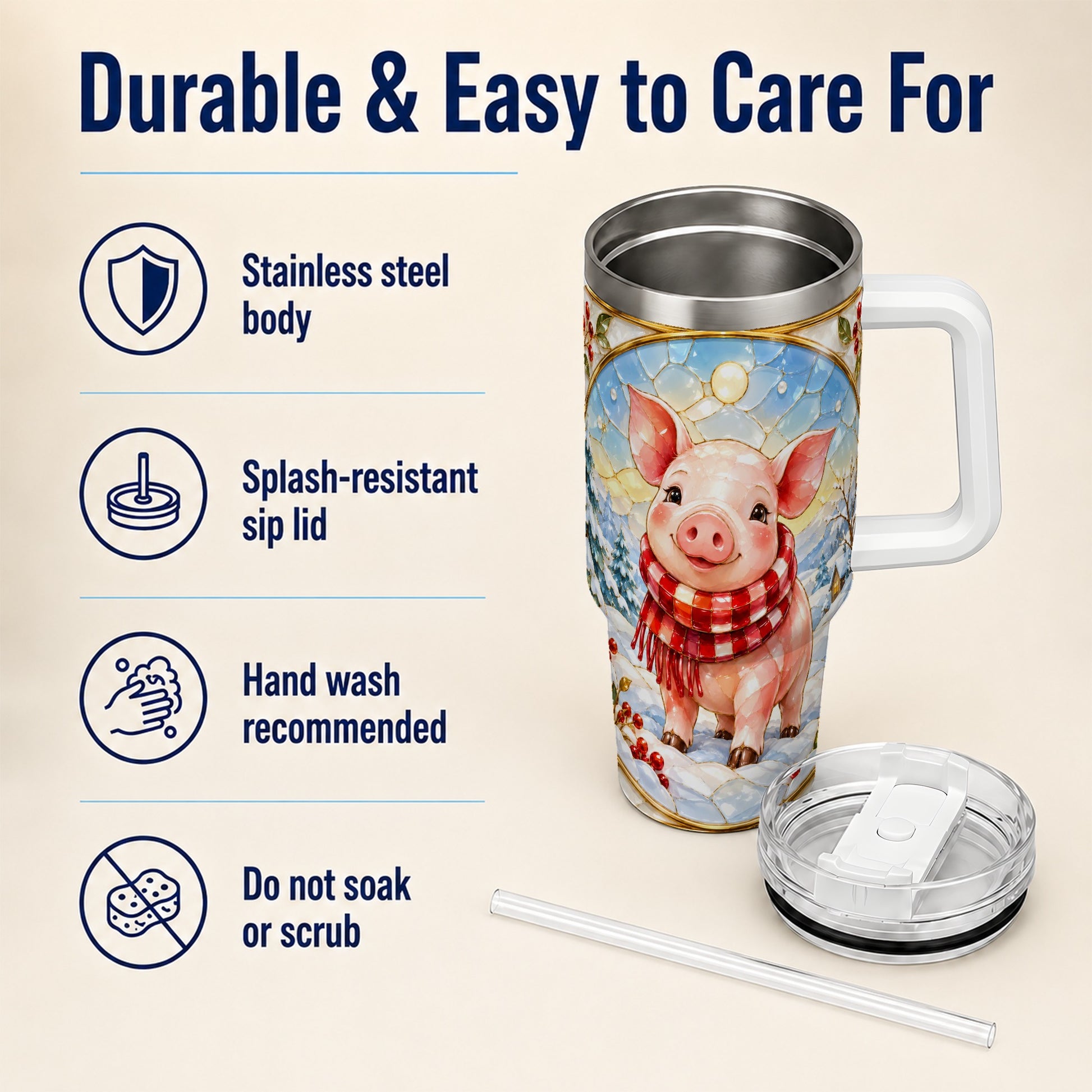 #pl[40oz|White] Winter Pig 40oz Tumbler with Handle, Stained Glass Style Travel Cup
