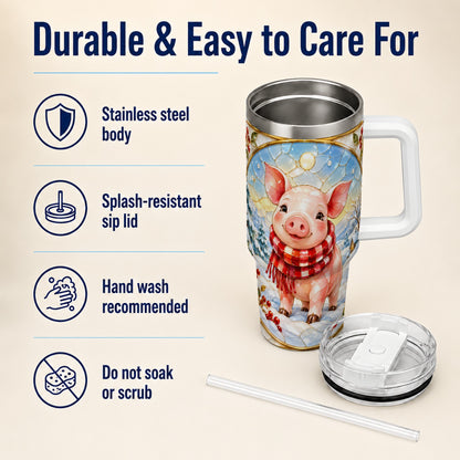 #pl[40oz|White] Winter Pig 40oz Tumbler with Handle, Stained Glass Style Travel Cup