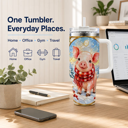 #pl[40oz|White] Winter Pig 40oz Tumbler with Handle, Stained Glass Style Travel Cup