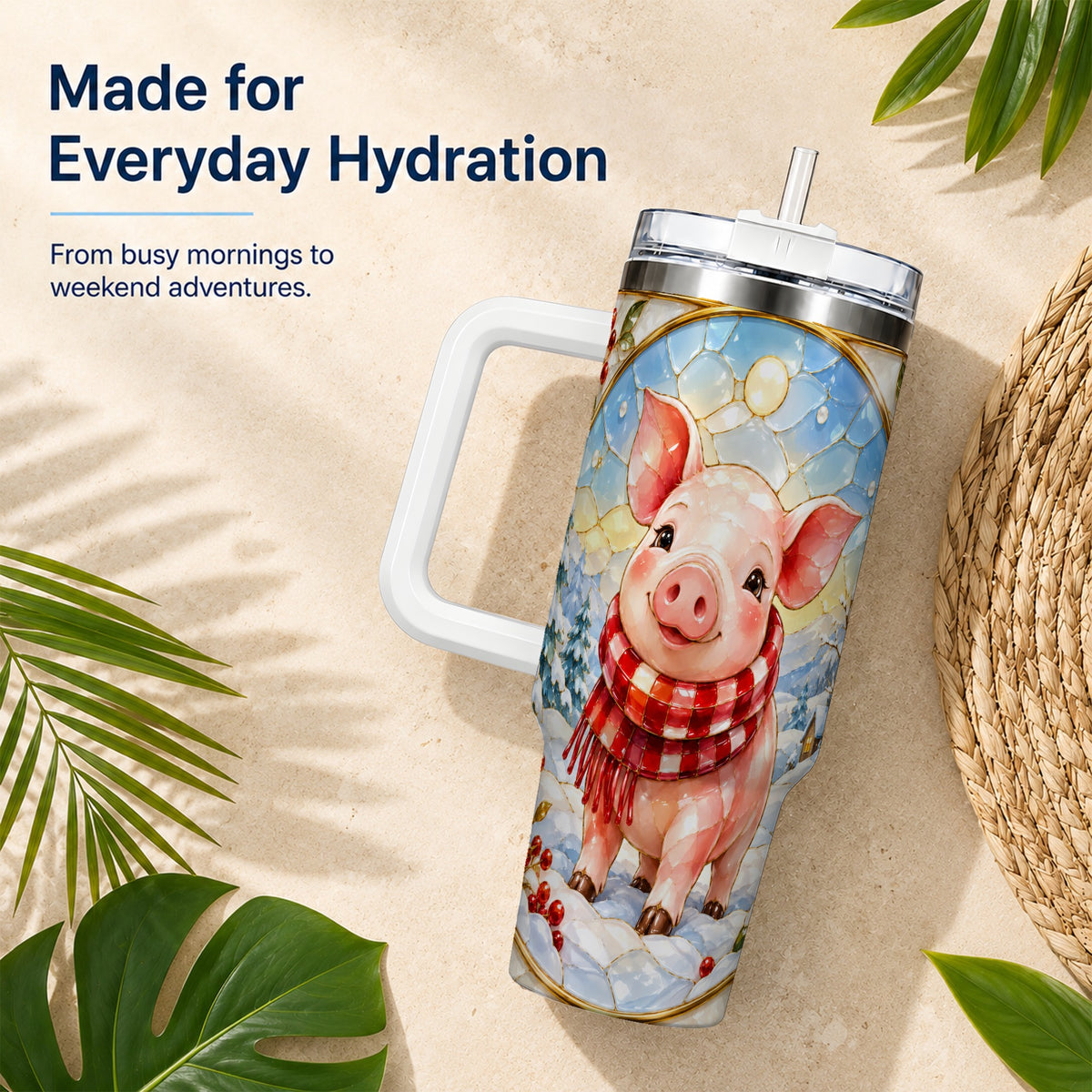 #pl[40oz|White] Winter Pig 40oz Tumbler with Handle, Stained Glass Style Travel Cup