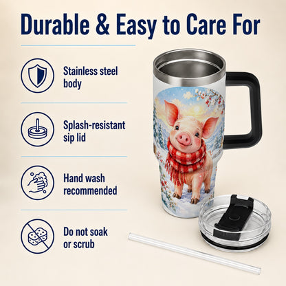 #pl[40oz|Black] Watercolor Pig 40oz Tumbler with Handle, Winter Travel Cup