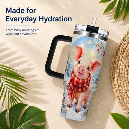 #pl[40oz|Black] Watercolor Pig 40oz Tumbler with Handle, Winter Travel Cup