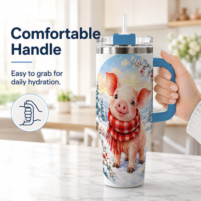 #pl[40oz|Blue] Watercolor Pig 40oz Tumbler with Handle, Winter Travel Cup