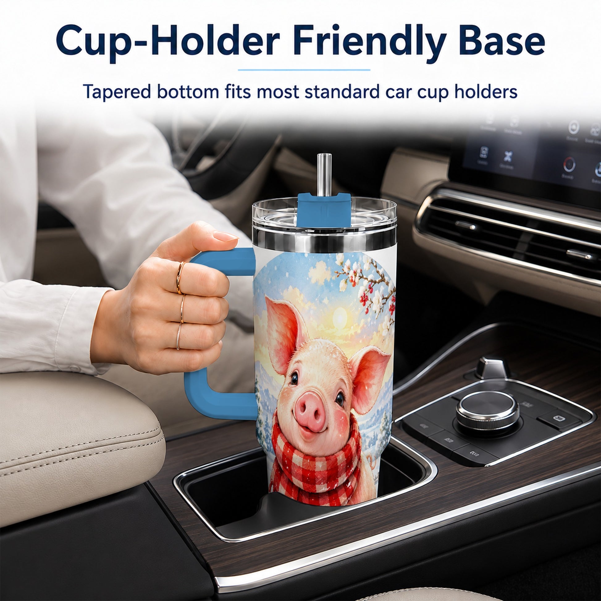 #pl[40oz|Blue] Watercolor Pig 40oz Tumbler with Handle, Winter Travel Cup