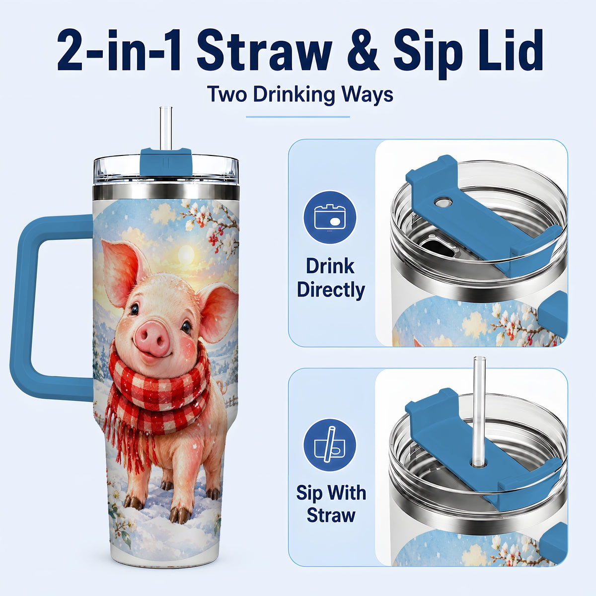 #pl[40oz|Blue] Watercolor Pig 40oz Tumbler with Handle, Winter Travel Cup