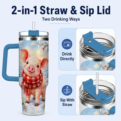 #pl[40oz|Blue] Watercolor Pig 40oz Tumbler with Handle, Winter Travel Cup