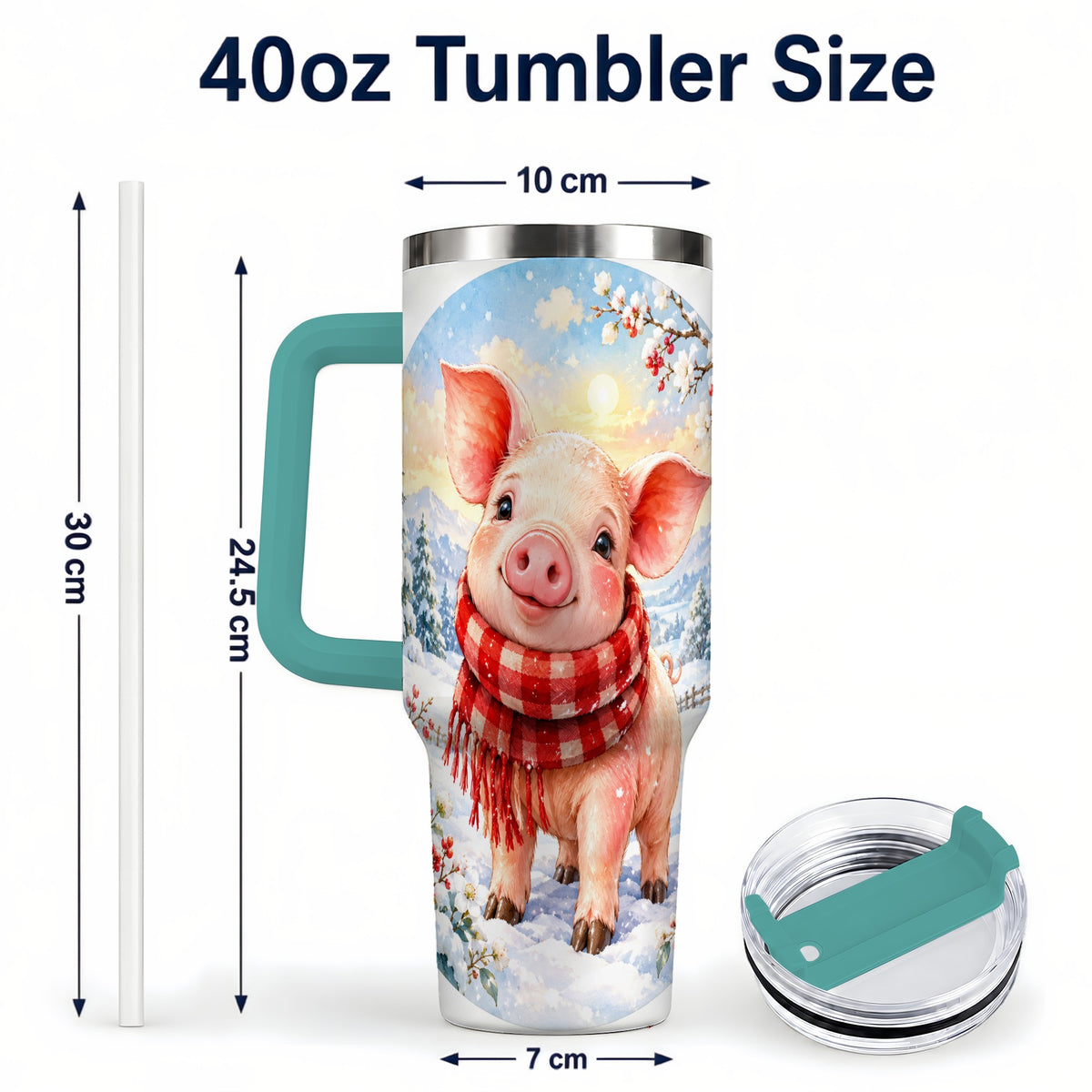 #pl[40oz|Green] Watercolor Pig 40oz Tumbler with Handle, Winter Travel Cup