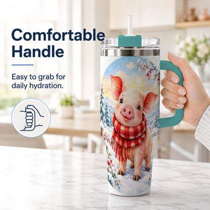 #pl[40oz|Green] Watercolor Pig 40oz Tumbler with Handle, Winter Travel Cup