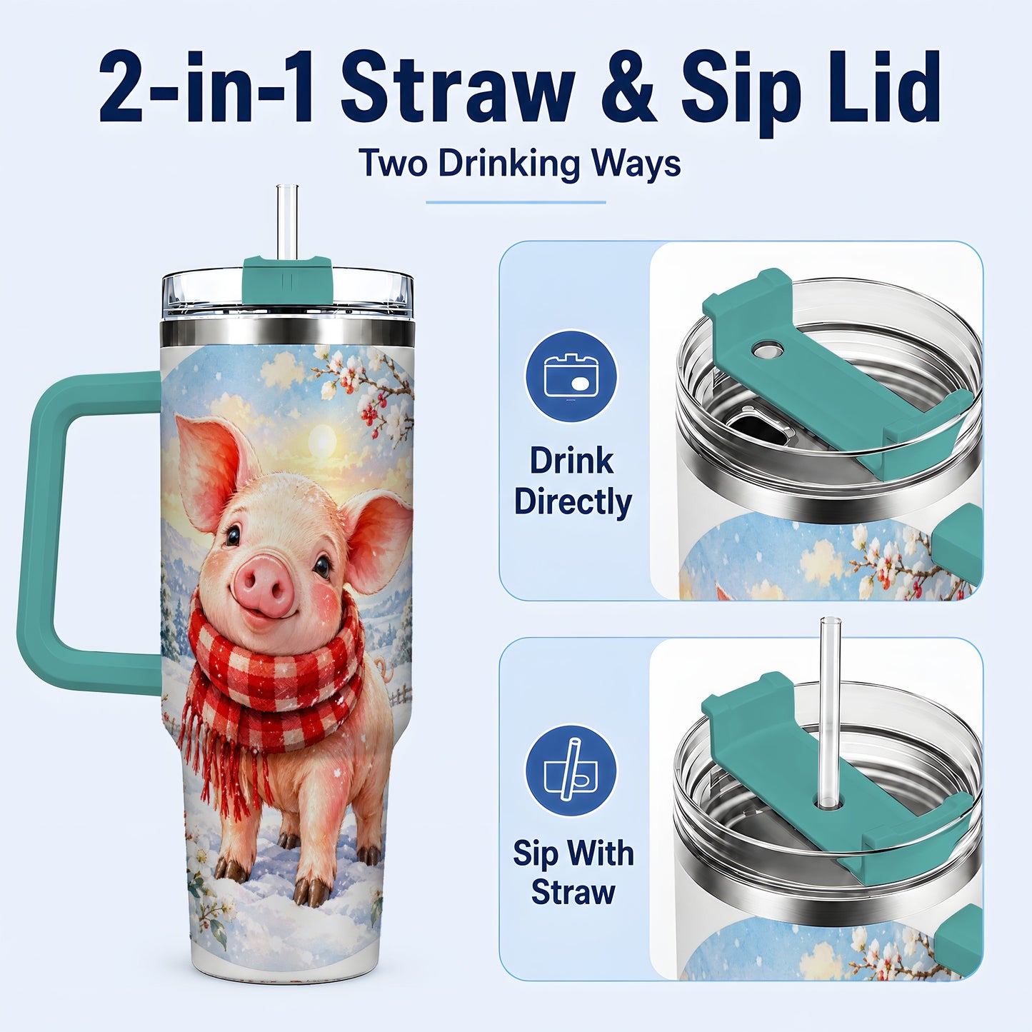 #pl[40oz|Green] Watercolor Pig 40oz Tumbler with Handle, Winter Travel Cup