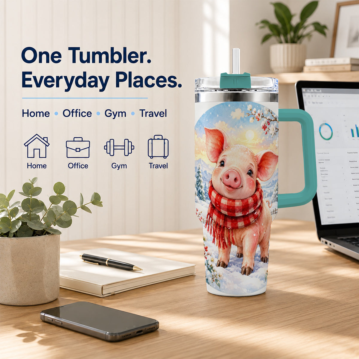 #pl[40oz|Green] Watercolor Pig 40oz Tumbler with Handle, Winter Travel Cup