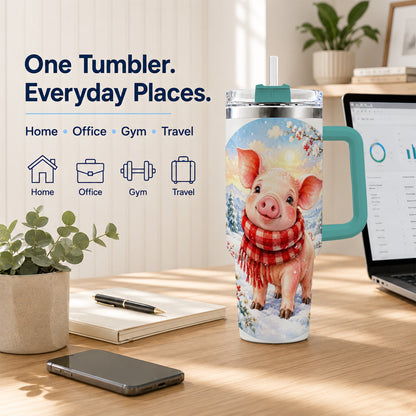 #pl[40oz|Green] Watercolor Pig 40oz Tumbler with Handle, Winter Travel Cup