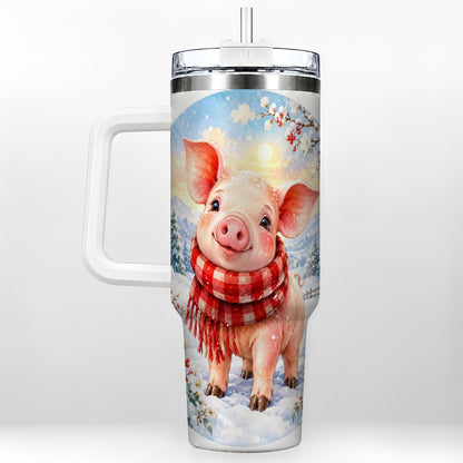 Watercolor Pig 40oz Tumbler with Handle, Winter Travel Cup